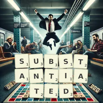 Creative illustration for a Scrabble game with the word SUBSTANTIATED spelled out in tiles on the board.