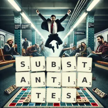 Creative illustration for a Scrabble game with the word SUBSTANTIATES spelled out in tiles on the board.
