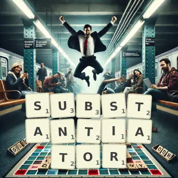 Creative illustration for a Scrabble game with the word SUBSTANTIATOR spelled out in tiles on the board.