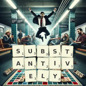 Creative illustration for a Scrabble game with the word SUBSTANTIVELY spelled out in tiles on the board.