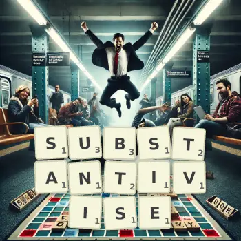 Creative illustration for a Scrabble game with the word SUBSTANTIVISE spelled out in tiles on the board.