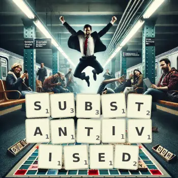 Creative illustration for a Scrabble game with the word SUBSTANTIVISED spelled out in tiles on the board.