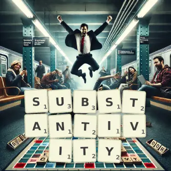 Creative illustration for a Scrabble game with the word SUBSTANTIVITY spelled out in tiles on the board.