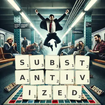 Creative illustration for a Scrabble game with the word SUBSTANTIVIZED spelled out in tiles on the board.