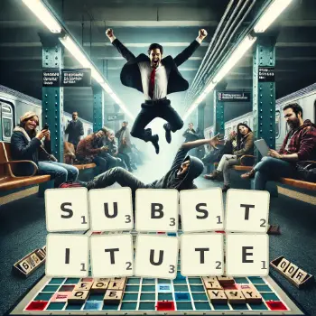 Creative illustration for a Scrabble game with the word SUBSTITUTE spelled out in tiles on the board.