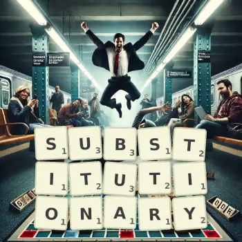 Creative illustration for a Scrabble game with the word SUBSTITUTIONARY spelled out in tiles on the board.