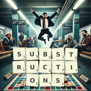 Creative illustration for a Scrabble game with the word SUBSTRUCTIONS spelled out in tiles on the board.