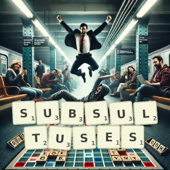 Creative illustration for a Scrabble game with the word SUBSULTUSES spelled out in tiles on the board.