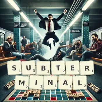 Creative illustration for a Scrabble game with the word SUBTERMINAL spelled out in tiles on the board.