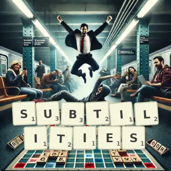 Creative illustration for a Scrabble game with the word SUBTILITIES spelled out in tiles on the board.