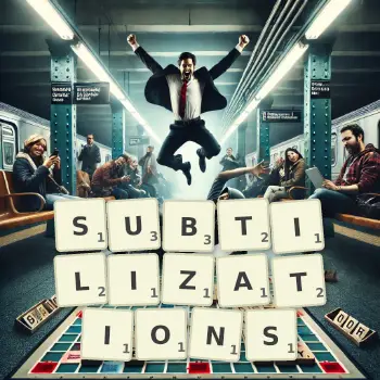 Creative illustration for a Scrabble game with the word SUBTILIZATIONS spelled out in tiles on the board.