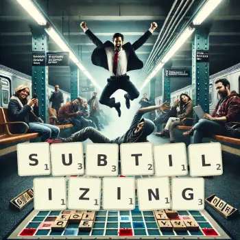 Creative illustration for a Scrabble game with the word SUBTILIZING spelled out in tiles on the board.