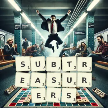Creative illustration for a Scrabble game with the word SUBTREASURERS spelled out in tiles on the board.