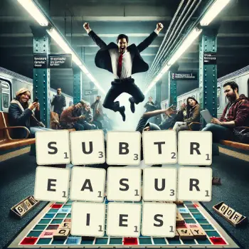Creative illustration for a Scrabble game with the word SUBTREASURIES spelled out in tiles on the board.