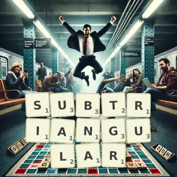 Creative illustration for a Scrabble game with the word SUBTRIANGULAR spelled out in tiles on the board.
