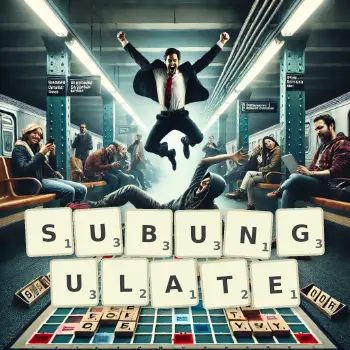 Creative illustration for a Scrabble game with the word SUBUNGULATE spelled out in tiles on the board.