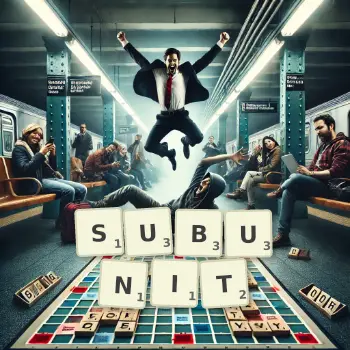 Creative illustration for a Scrabble game with the word SUBUNIT spelled out in tiles on the board.
