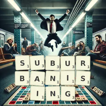 Creative illustration for a Scrabble game with the word SUBURBANISING spelled out in tiles on the board.