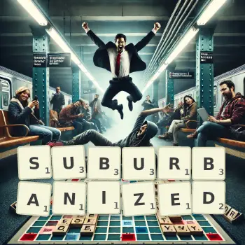 Creative illustration for a Scrabble game with the word SUBURBANIZED spelled out in tiles on the board.