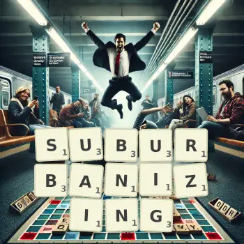 Creative illustration for a Scrabble game with the word SUBURBANIZING spelled out in tiles on the board.