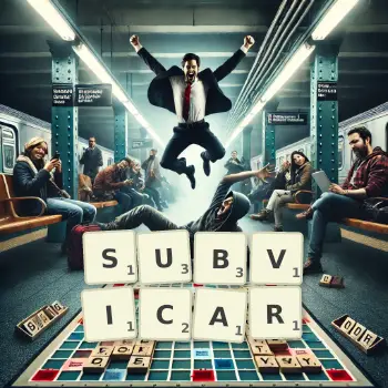 Creative illustration for a Scrabble game with the word SUBVICAR spelled out in tiles on the board.