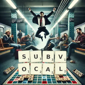 Creative illustration for a Scrabble game with the word SUBVOCAL spelled out in tiles on the board.