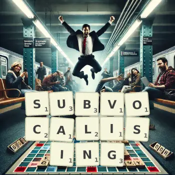 Creative illustration for a Scrabble game with the word SUBVOCALISING spelled out in tiles on the board.