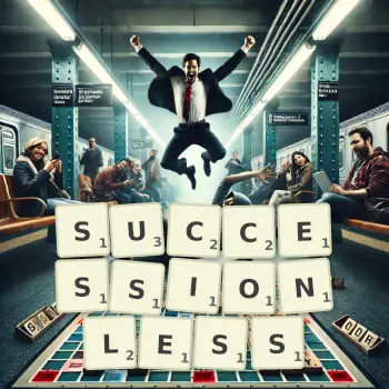 Creative illustration for a Scrabble game with the word SUCCESSIONLESS spelled out in tiles on the board.