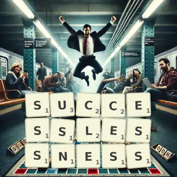 Creative illustration for a Scrabble game with the word SUCCESSLESSNESS spelled out in tiles on the board.