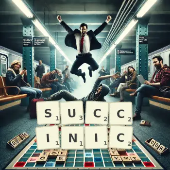 Creative illustration for a Scrabble game with the word SUCCINIC spelled out in tiles on the board.