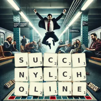 Creative illustration for a Scrabble game with the word SUCCINYLCHOLINE spelled out in tiles on the board.