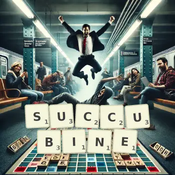 Creative illustration for a Scrabble game with the word SUCCUBINE spelled out in tiles on the board.