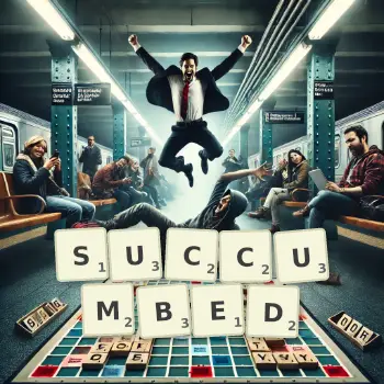 Creative illustration for a Scrabble game with the word SUCCUMBED spelled out in tiles on the board.