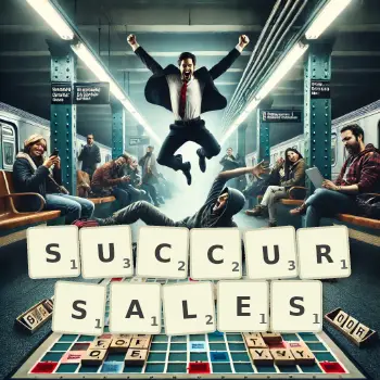 Creative illustration for a Scrabble game with the word SUCCURSALES spelled out in tiles on the board.