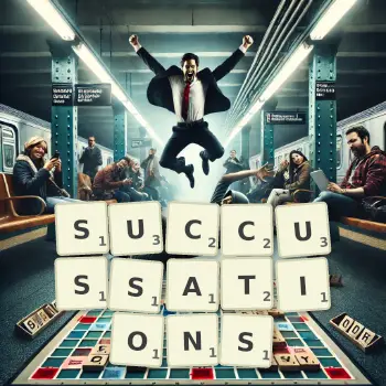 Creative illustration for a Scrabble game with the word SUCCUSSATIONS spelled out in tiles on the board.