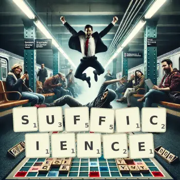 Creative illustration for a Scrabble game with the word SUFFICIENCE spelled out in tiles on the board.