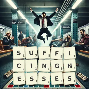 Creative illustration for a Scrabble game with the word SUFFICINGNESSES spelled out in tiles on the board.