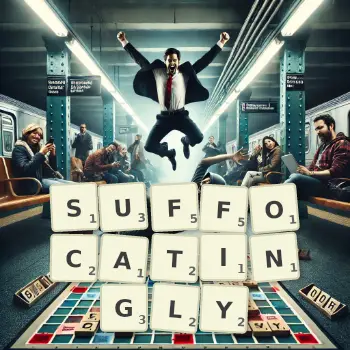 Creative illustration for a Scrabble game with the word SUFFOCATINGLY spelled out in tiles on the board.