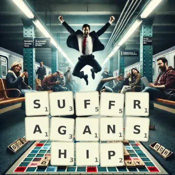 Creative illustration for a Scrabble game with the word SUFFRAGANSHIP spelled out in tiles on the board.