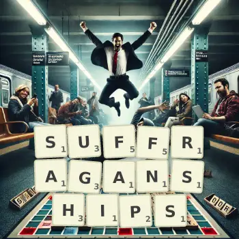 Creative illustration for a Scrabble game with the word SUFFRAGANSHIPS spelled out in tiles on the board.