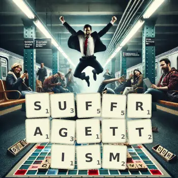 Creative illustration for a Scrabble game with the word SUFFRAGETTISM spelled out in tiles on the board.