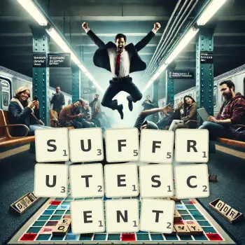 Creative illustration for a Scrabble game with the word SUFFRUTESCENT spelled out in tiles on the board.