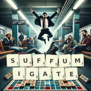 Creative illustration for a Scrabble game with the word SUFFUMIGATE spelled out in tiles on the board.