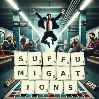 Creative illustration for a Scrabble game with the word SUFFUMIGATIONS spelled out in tiles on the board.
