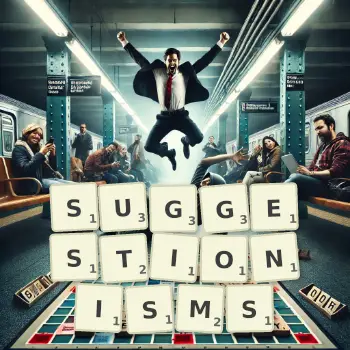 Creative illustration for a Scrabble game with the word SUGGESTIONISMS spelled out in tiles on the board.