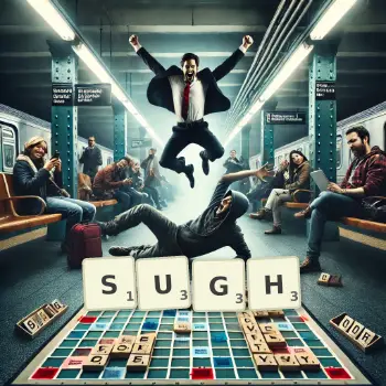 Creative illustration for a Scrabble game with the word SUGH spelled out in tiles on the board.