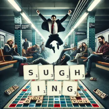 Creative illustration for a Scrabble game with the word SUGHING spelled out in tiles on the board.