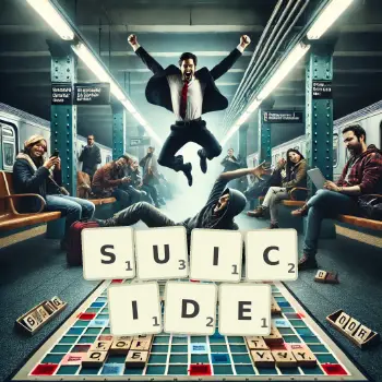 Creative illustration for a Scrabble game with the word SUICIDE spelled out in tiles on the board.