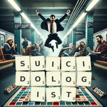 Creative illustration for a Scrabble game with the word SUICIDOLOGIST spelled out in tiles on the board.