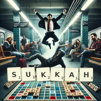 Creative illustration for a Scrabble game with the word SUKKAH spelled out in tiles on the board.